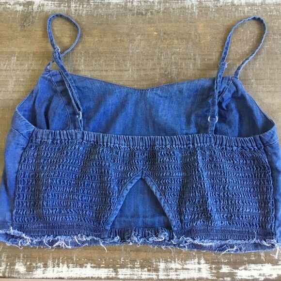 So denim top spaghetti straps cut out in back stretchy raunched elastic western - Picture 4 of 7